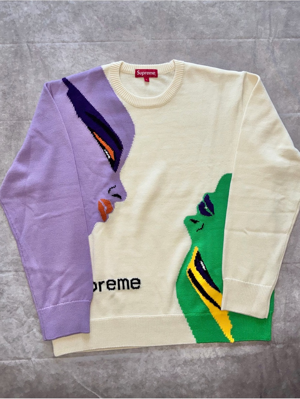 Supreme Cream/Lavender/Green Artist Face Intarsia Crewneck Sweater